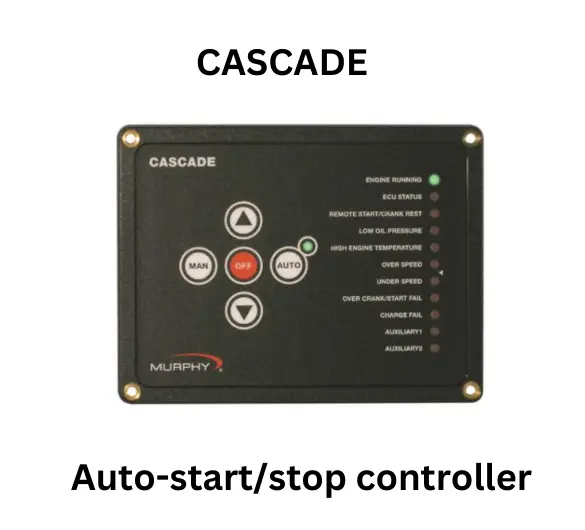 Monochrome image of a control panel labeled 'Cascade Auto - Start Stop Controller' by Enovation Control